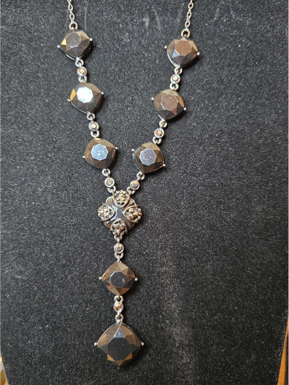 Silver Tone 16" Necklace w/ 3" Smoky Faceted Beads Rhinestone Cross Drop